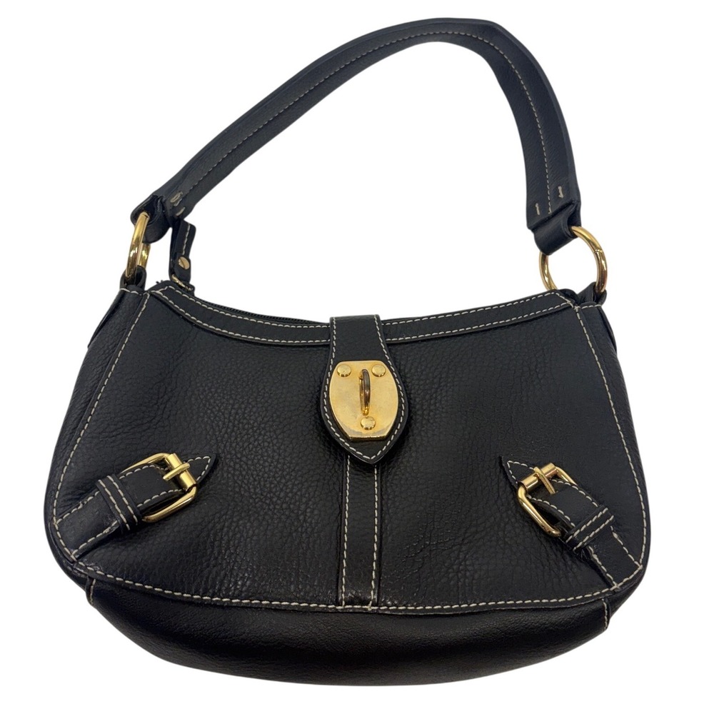 Chaps Black Pebbled Faux Leather Y2K Shoulder Bag Gold Hardware White Stitching